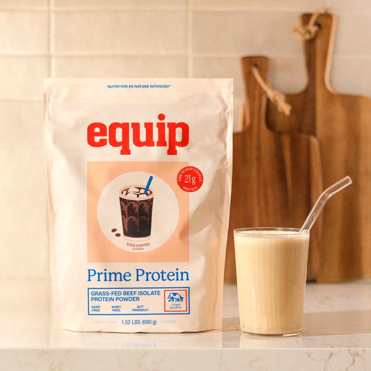 Equip Prime Protein iced coffee bag with coffee beans and a protein drink