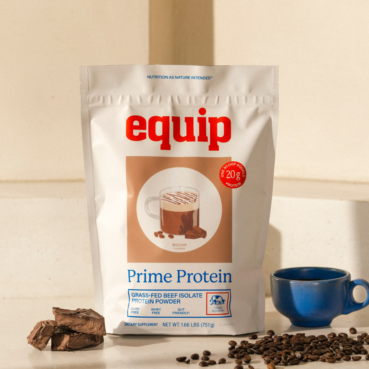 Equip Prime Protein mocha bag with coffee and chocolate beside a protein drink