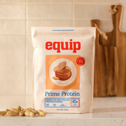 Equip Prime Protein peanut butter bag with peanuts and a protein drink