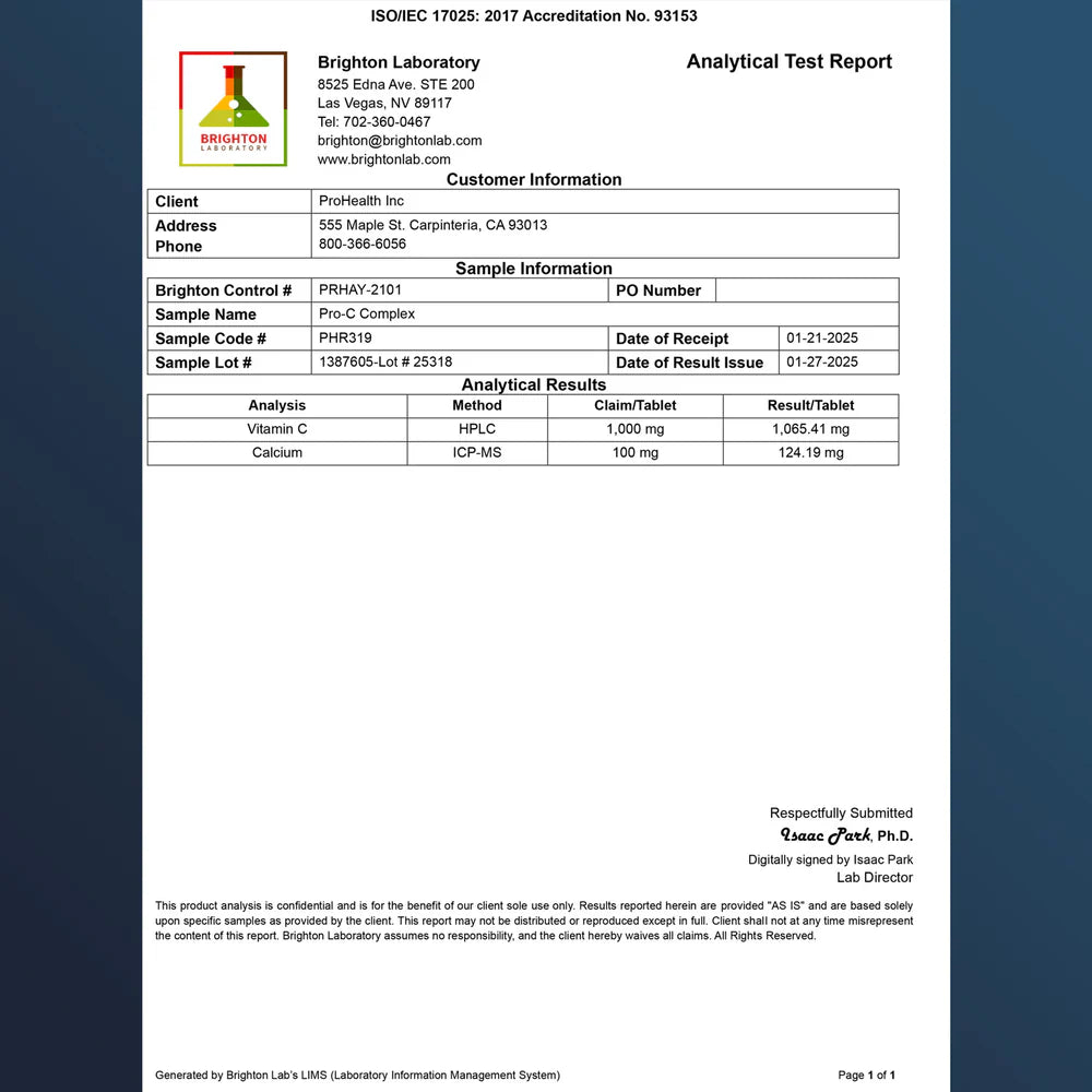 ProHealth Longevity Pro-C Complex™ - The Immune Defender - 1000 mg - Analytical Test Report