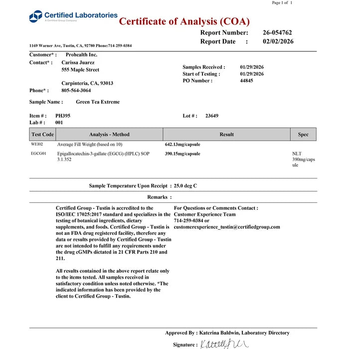 Certificate of Analysis (COA) for ProHealth Green Tea EGCG Extreme showing 390 mg EGCG per capsule and third-party laboratory testing.