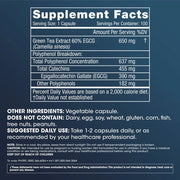 Green Tea EGCG Extreme Supplement Facts showing 650 mg green tea extract with 390 mg EGCG, polyphenol profile, and suggested daily use.