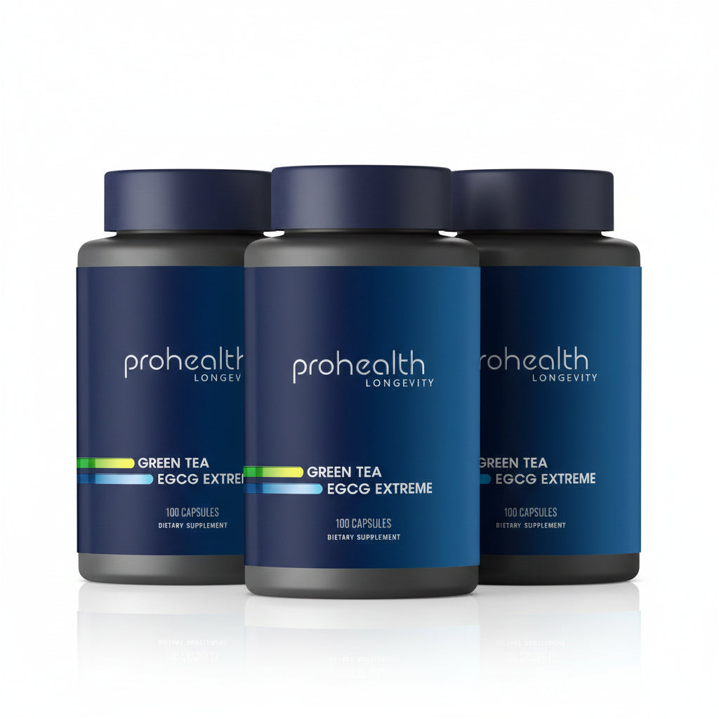 3 Packs of ProHealth Longevity Green Tea EGCG Extreme dietary supplement bottle with 100 capsules.