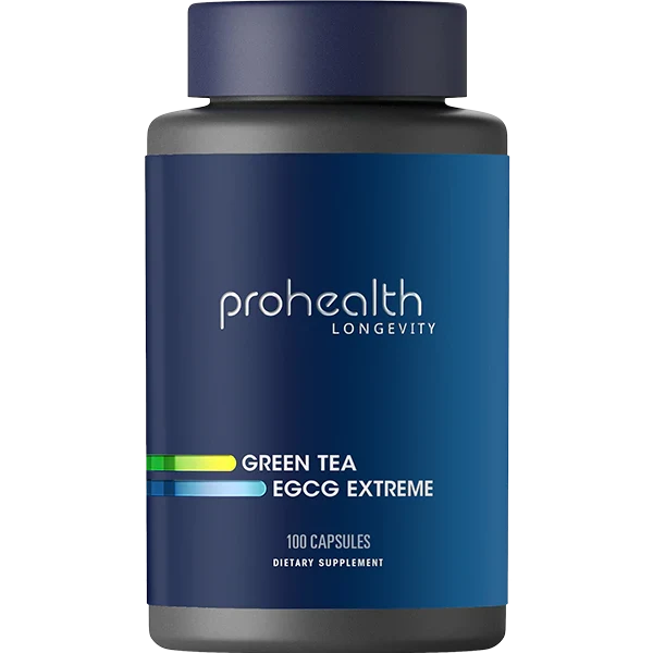 ProHealth Longevity Green Tea EGCG Extreme dietary supplement bottle with 100 capsules.