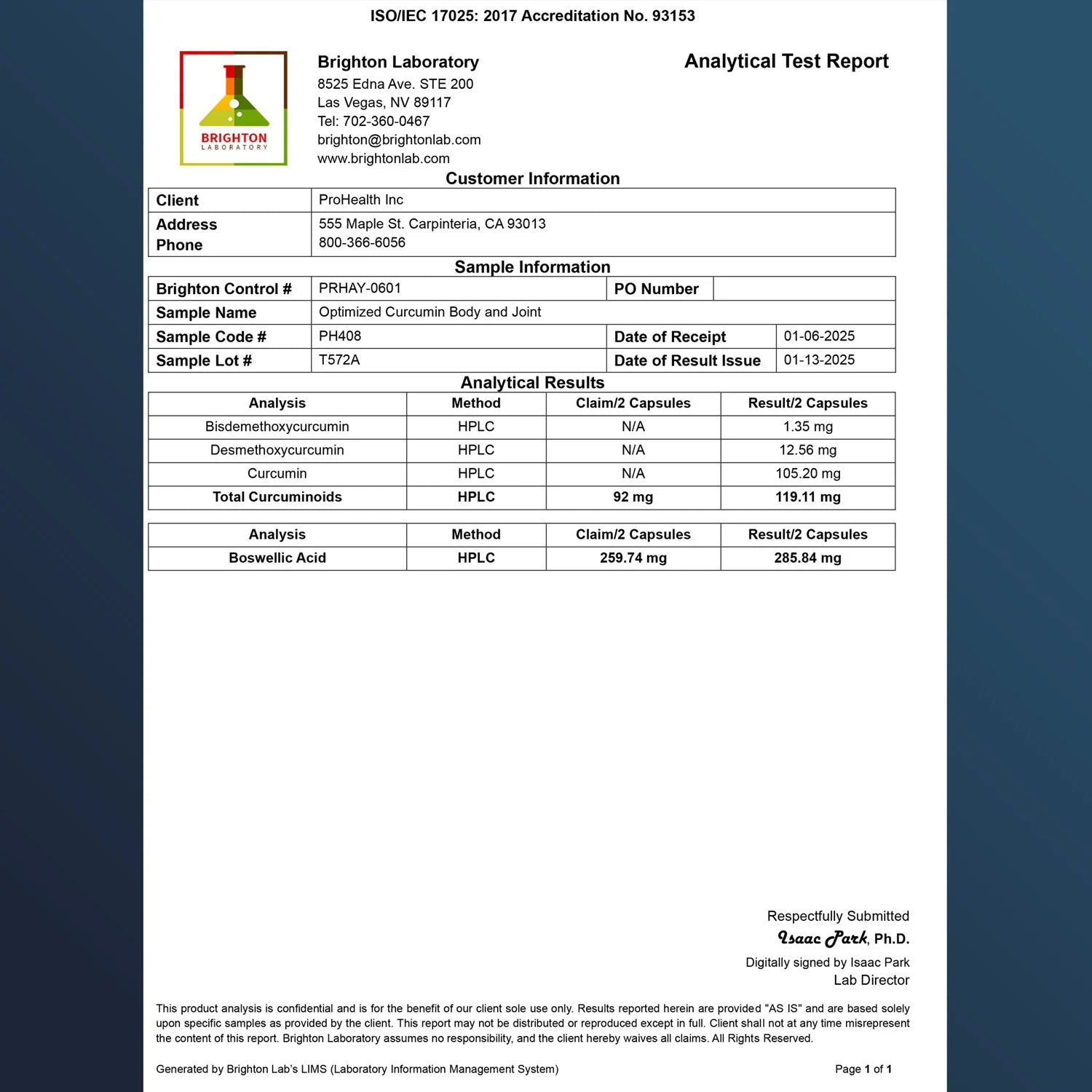 ProHealth Longevity Optimized Curcumin for Body and Joint - 60 capsules - Analytical Test Report