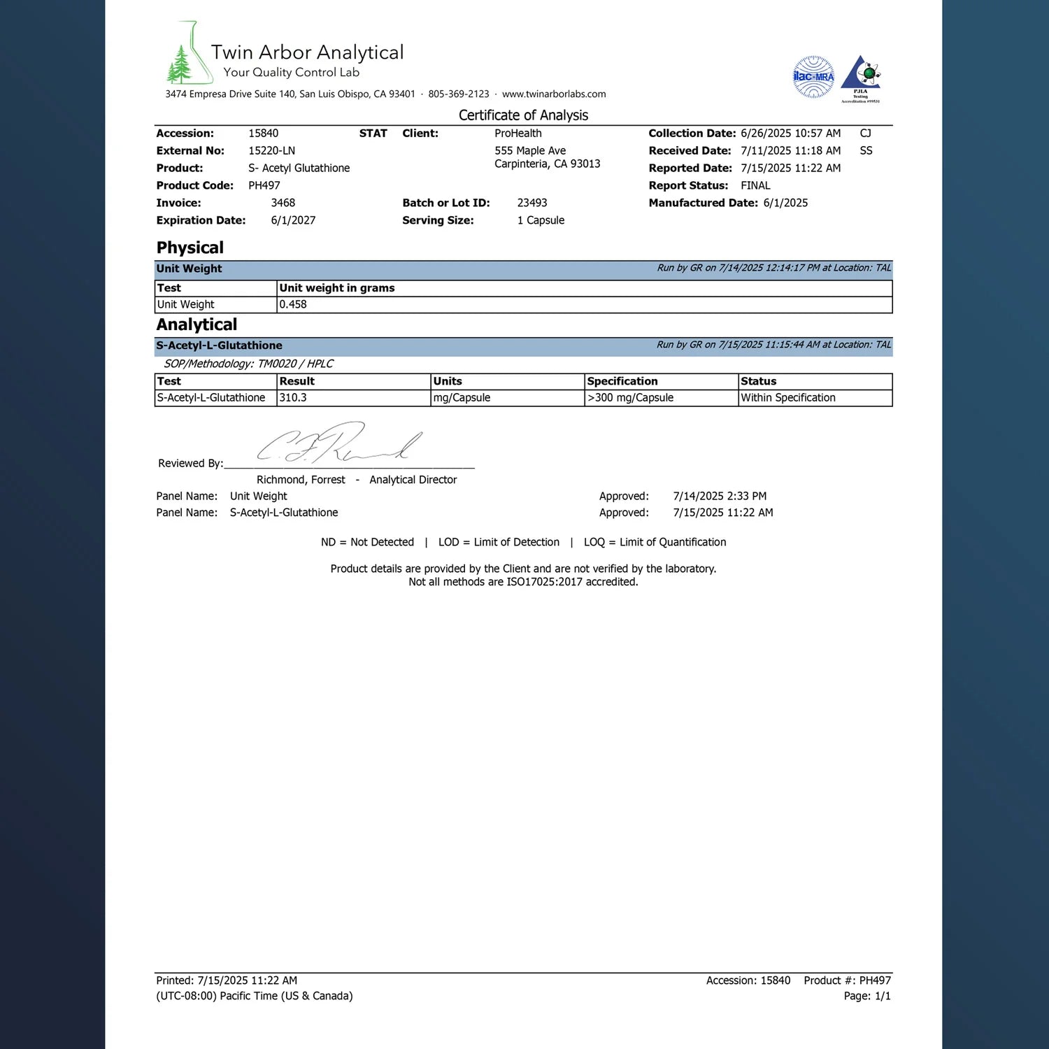 Prohealth Longevity S-Acetyl Glutathione Certificate of Analysis