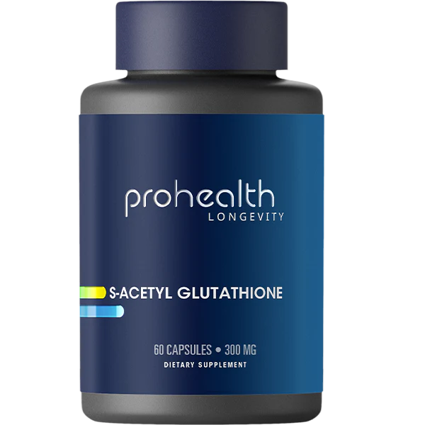 Prohealth Longevity S-Acetyl Glutathione is acetylated for superior stability and absorption, helping replenish intracellular glutathione and protect your cells from oxidative stress, toxins, and aging.