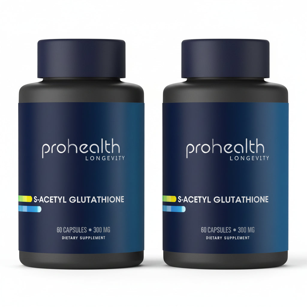 Two bottles of Prohealth Longevity S-Acetyl Glutathione is acetylated for superior stability and absorption, helping replenish intracellular glutathione and protect your cells from oxidative stress, toxins, and aging.
