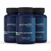 Three bottles of Prohealth Longevity S-Acetyl Glutathione is acetylated for superior stability and absorption, helping replenish intracellular glutathione and protect your cells from oxidative stress, toxins, and aging.
