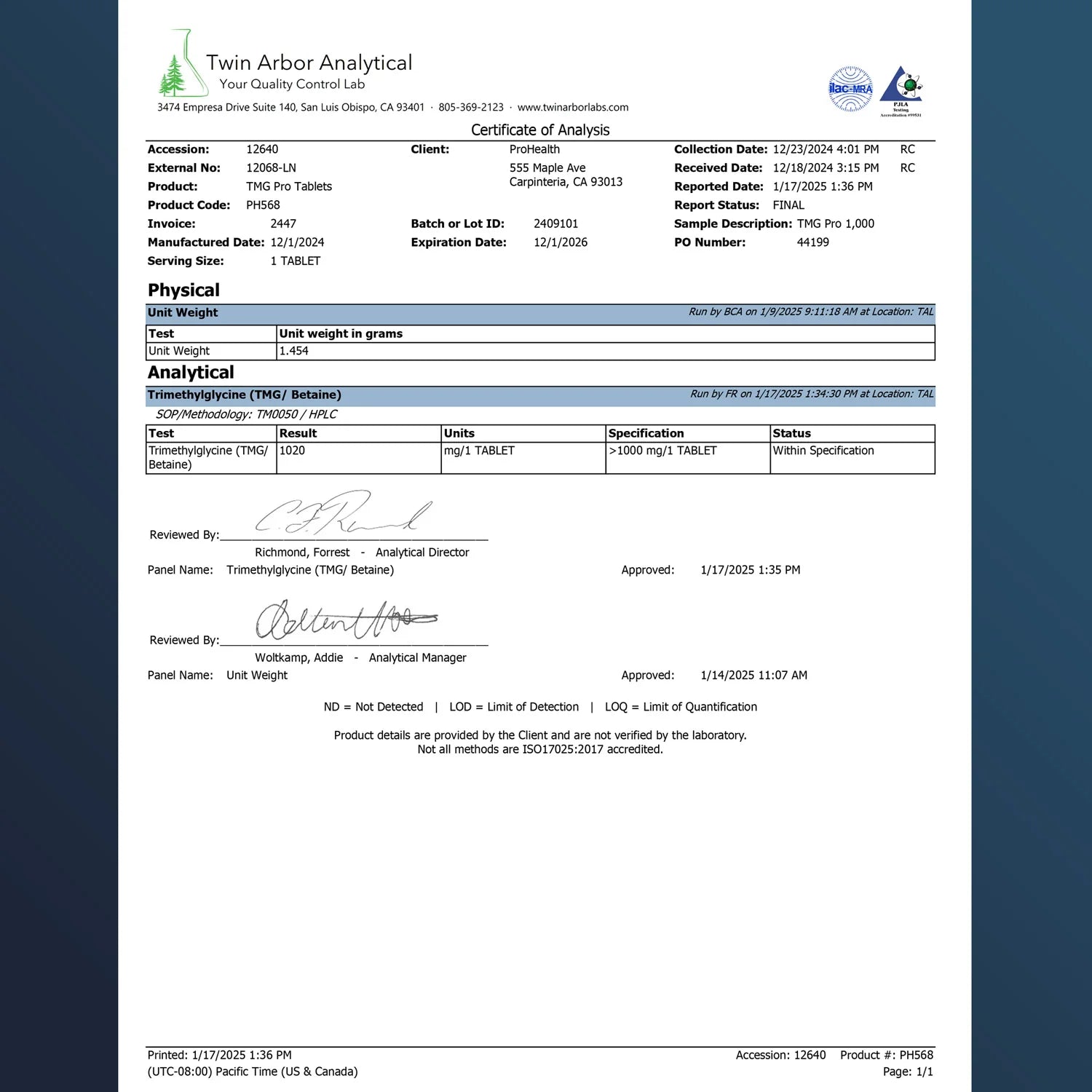 Prohealth Longevity TMG Pro Tablets Certificate of Analysis
