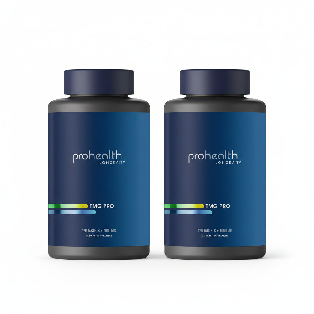 Two bottles of Prohealth Longevity TMG Pro Tablets a vital biochemical process that drives detoxification, DNA repair, neurotransmitter balance, and energy metabolism. 