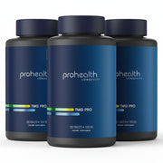 Three bottles of Prohealth Longevity TMG Pro Tablets a vital biochemical process that drives detoxification, DNA repair, neurotransmitter balance, and energy metabolism. 