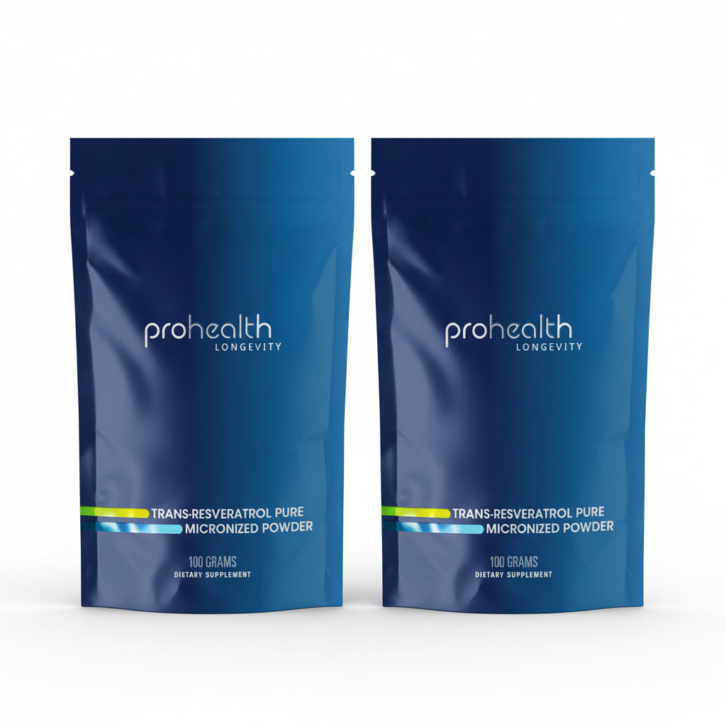 Two packs of Prohealth Longevity Pure Trans-Resveratrol Micronized Powder a pharmaceutical-grade, micronized formulation of 98%+ trans-resveratrol that delivers superior absorption and flexibility in dosing - 100 grams