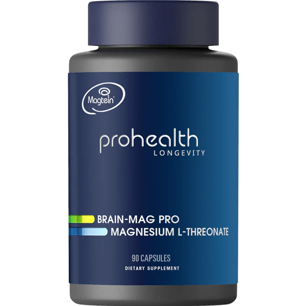 Prohealth Longevity Brain-Mag Pro Magnesium L-Threonate delivers a patented form of Magnesium L-Threonate, shown in research to effectively cross the blood-brain barrier and elevate magnesium levels directly in the brain—supporting learning, memory, and overall cognitive longevity.