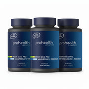 Three bottles of Prohealth Longevity Brain-Mag Pro Magnesium L-Threonate delivers a patented form of Magnesium L-Threonate, shown in research to effectively cross the blood-brain barrier and elevate magnesium levels directly in the brain—supporting learning, memory, and overall cognitive longevity.