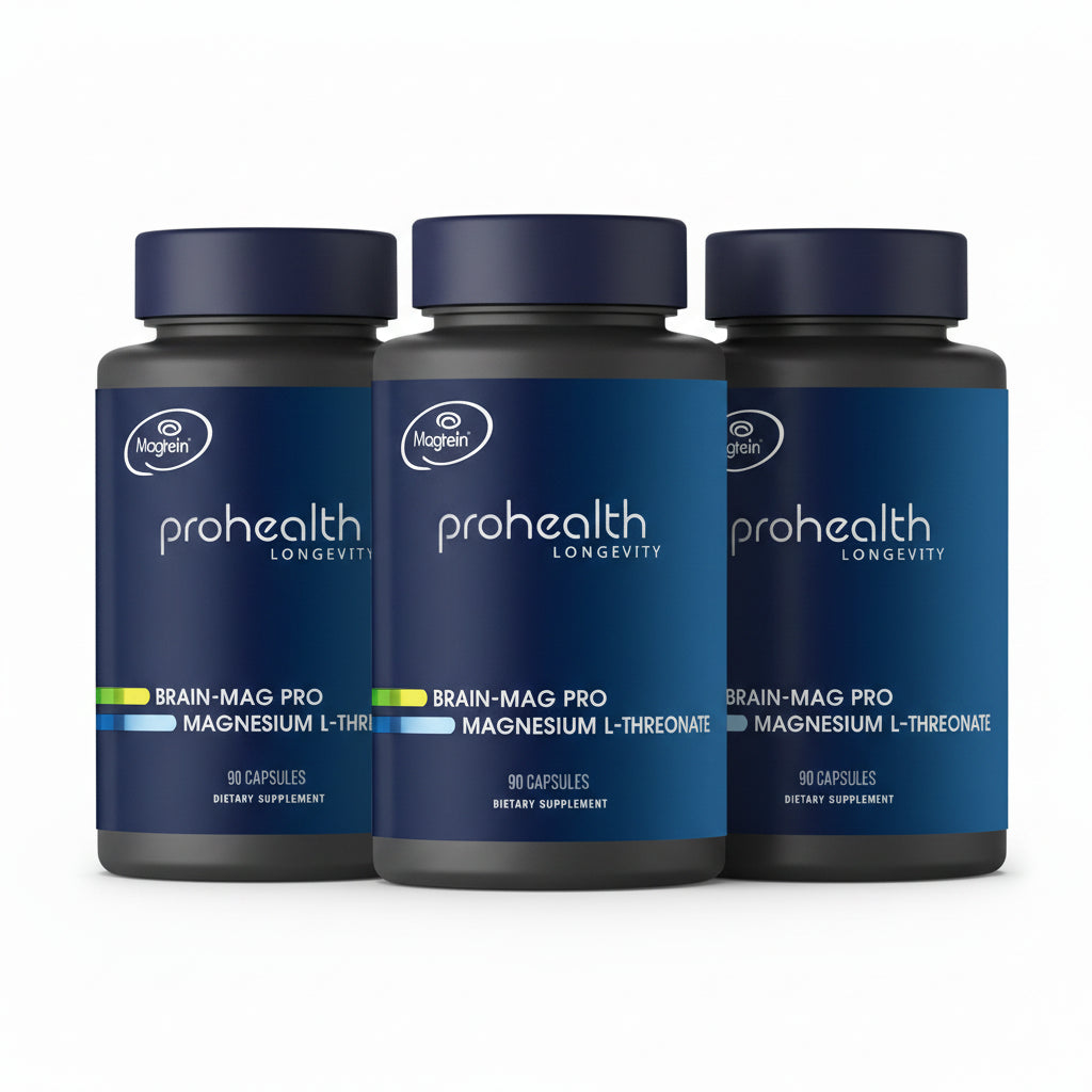 Three bottles of Prohealth Longevity Brain-Mag Pro Magnesium L-Threonate delivers a patented form of Magnesium L-Threonate, shown in research to effectively cross the blood-brain barrier and elevate magnesium levels directly in the brain—supporting learning, memory, and overall cognitive longevity.