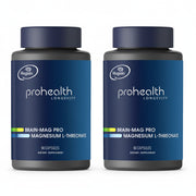 Two bottles of Prohealth Longevity Brain-Mag Pro Magnesium L-Threonate delivers a patented form of Magnesium L-Threonate, shown in research to effectively cross the blood-brain barrier and elevate magnesium levels directly in the brain—supporting learning, memory, and overall cognitive longevity.