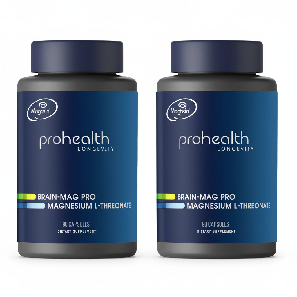 Two bottles of Prohealth Longevity Brain-Mag Pro Magnesium L-Threonate delivers a patented form of Magnesium L-Threonate, shown in research to effectively cross the blood-brain barrier and elevate magnesium levels directly in the brain—supporting learning, memory, and overall cognitive longevity.