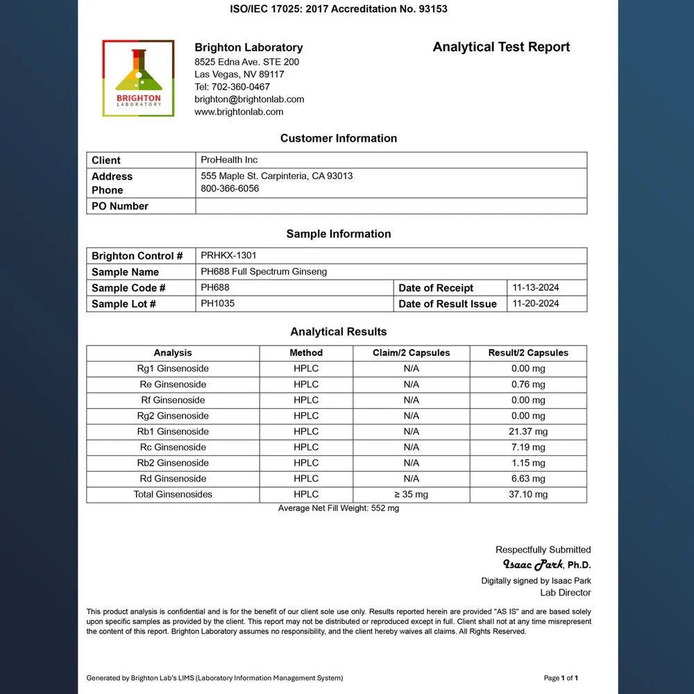 ProHealth Longevity Full Spectrum Ginseng - 60 capsules - Analytical Test Report