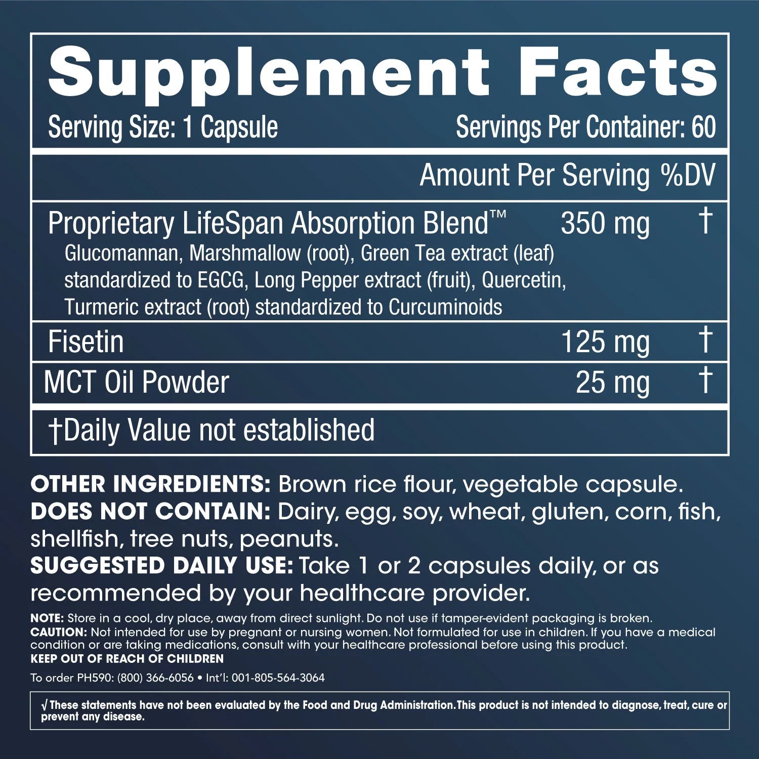 ProHealth Longevity Fisetin Pro Longevity Plus Supplement Facts