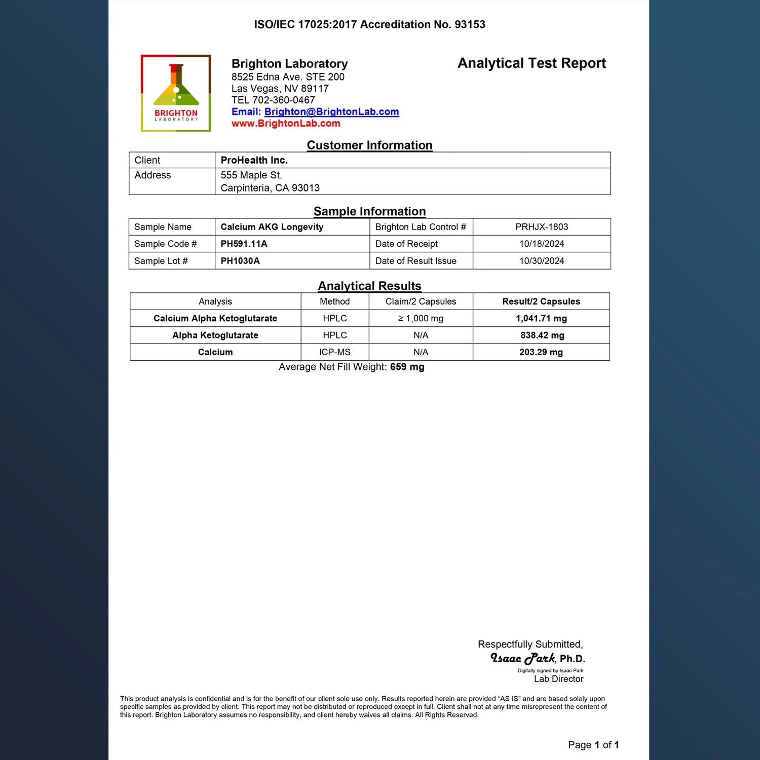 Prohealth Longevity Calcium AKG Longevity Certificate of Analysis