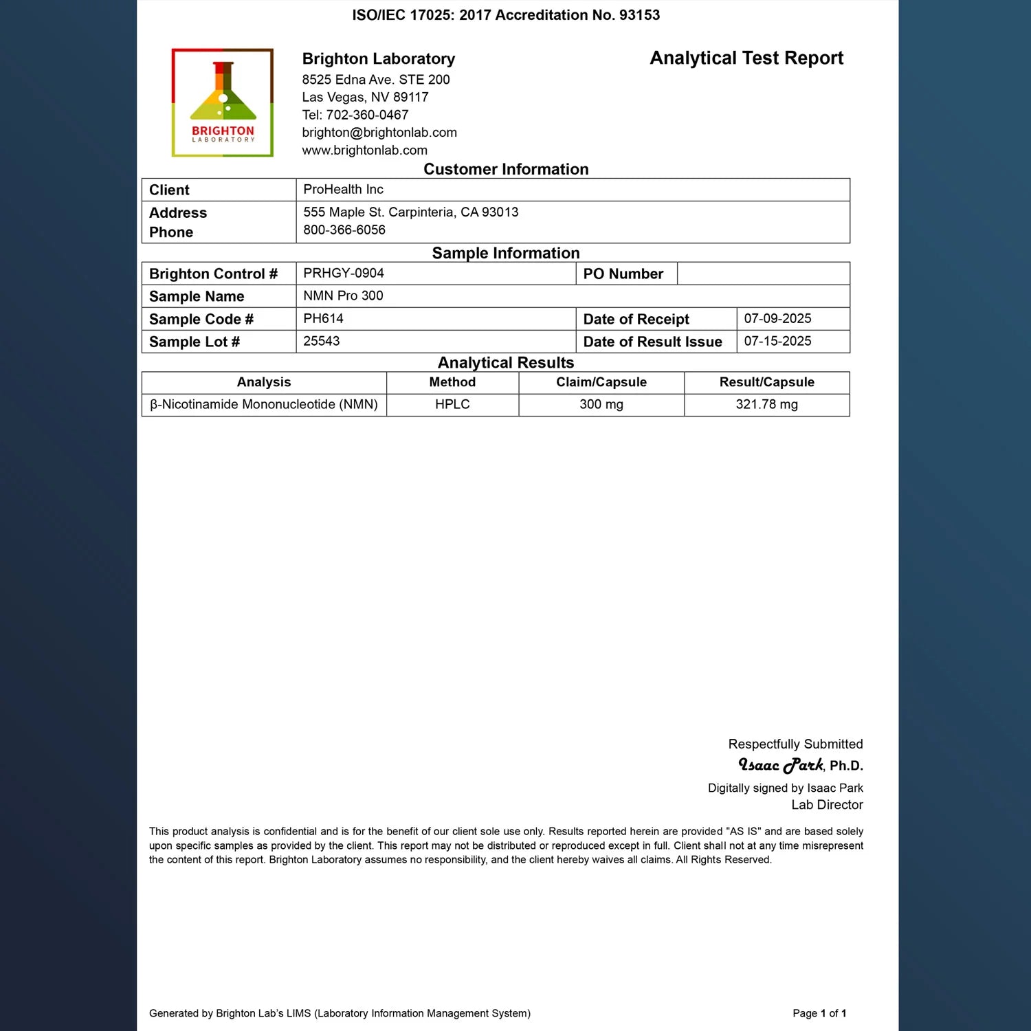Prohealth Longevity NMN Pro 300™ Certificate of Analysis