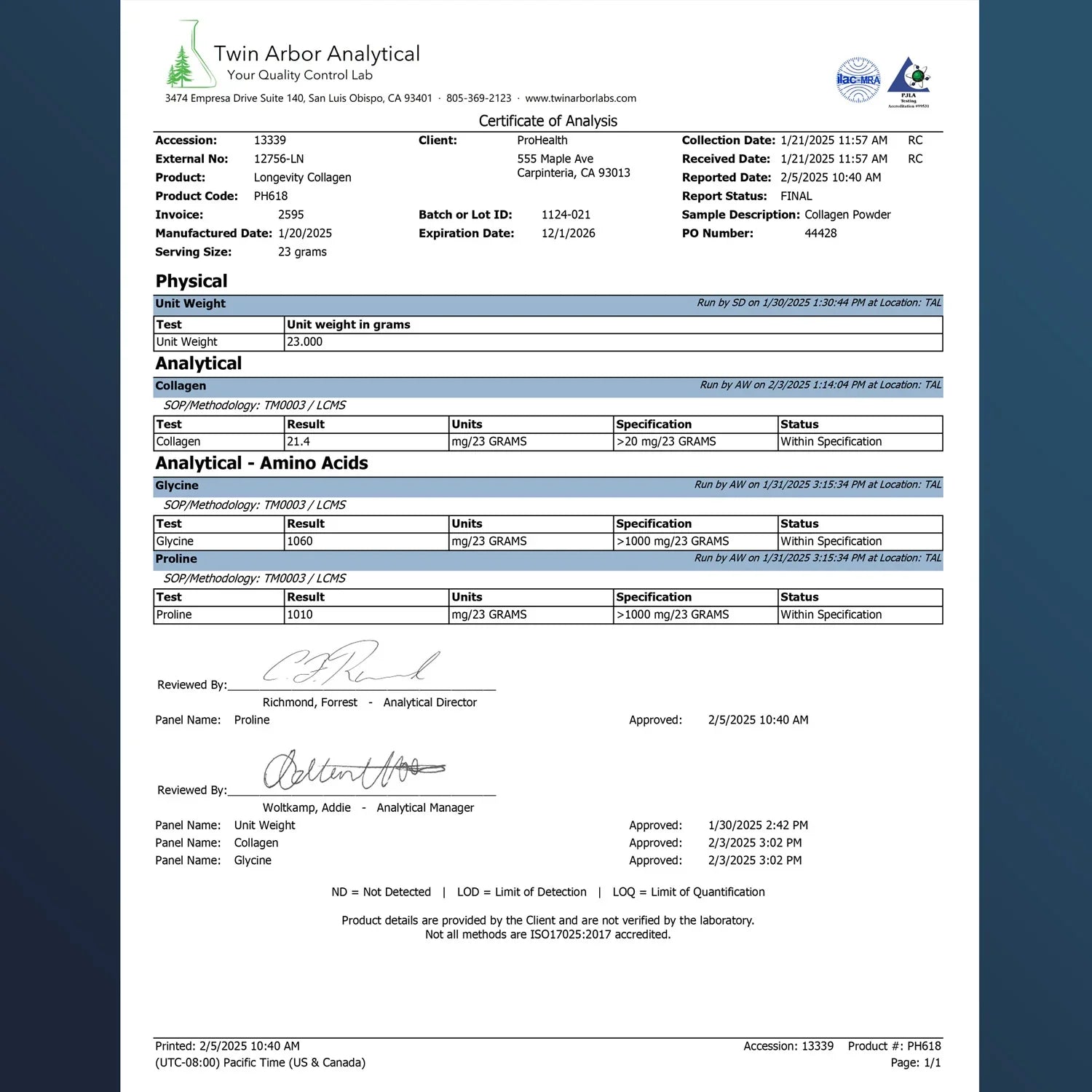 Certificate of Analysis for ProHealth Longevity Collagen, including collagen, glycine, and proline test results