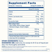 Supplement Facts label for Longevity Collagen Complete Powder with collagen, vitamin C, biotin, zinc, glycine, proline, and hyaluronic acid