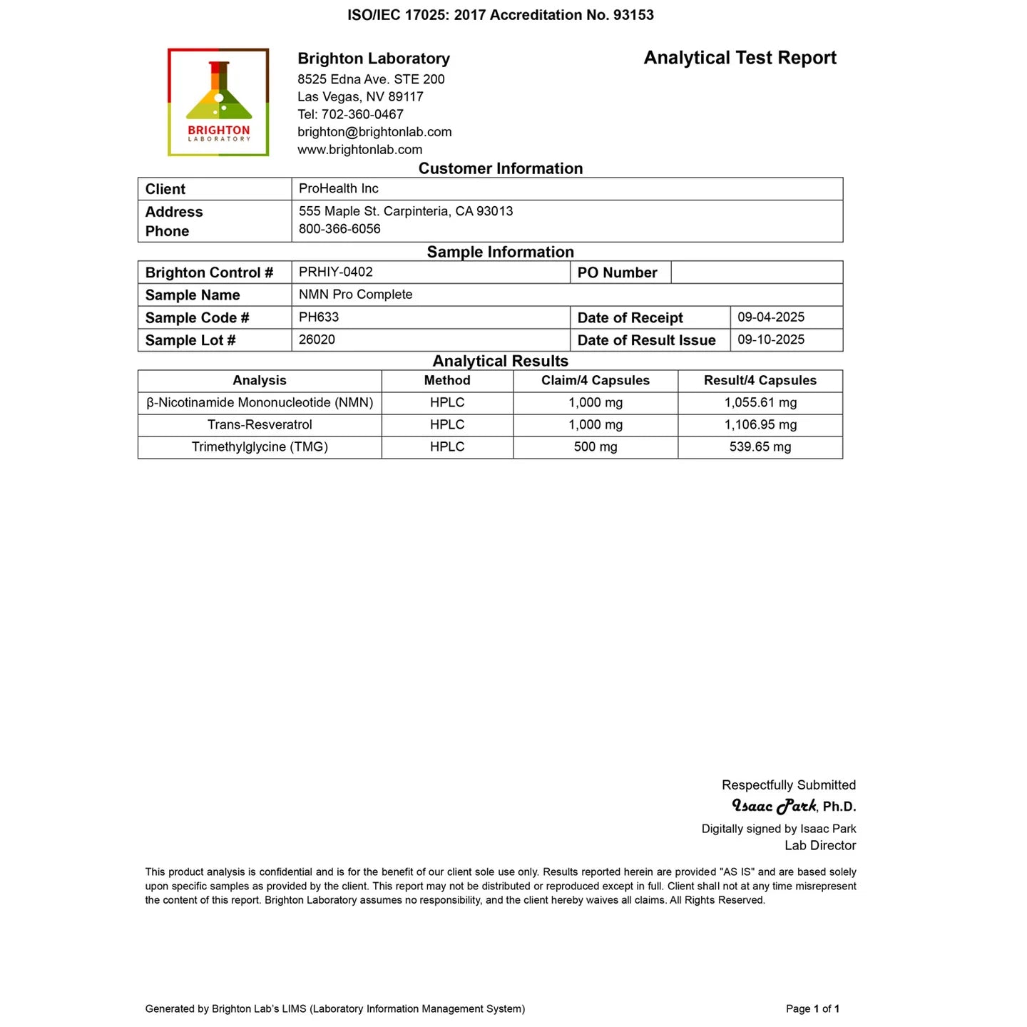 Prohealth Longevity NMN Pro™ Complete 120 Capsules - Analytical Test Report