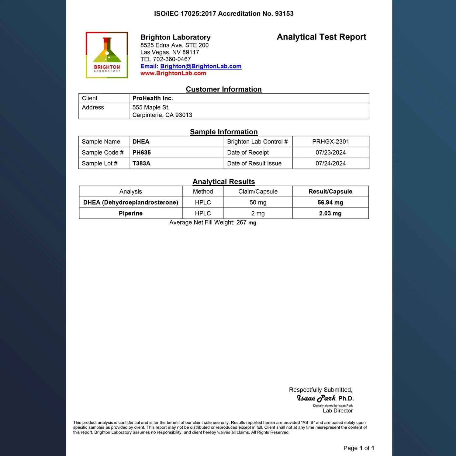 ProHealth Longevity DHEA – 50 mg, 60 Capsules - Analytical Test Report