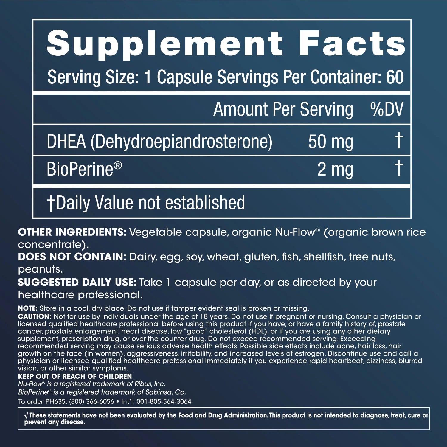 ProHealth Longevity DHEA – 50 mg, 60 Capsules - Supplement Facts