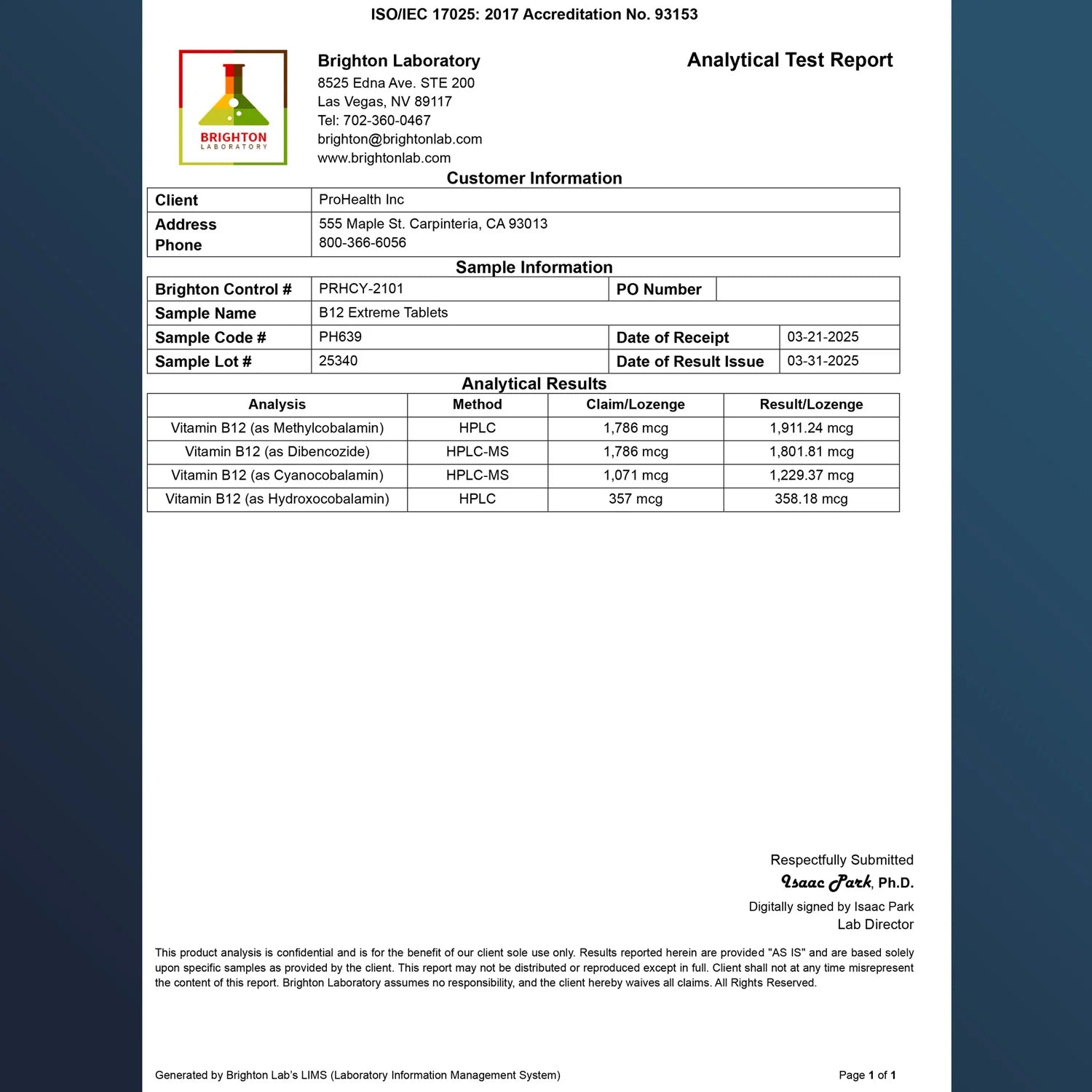 Prohealth Longevity Vitamin B-12 - 5000 mcg, 30 lozenges - Analytical Test Report