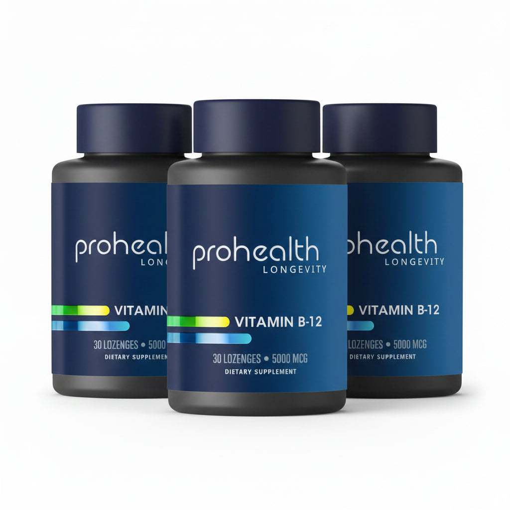 Three bottles of Prohealth Longevity Vitamin B-12 - 5000 mcg, 30 lozenges