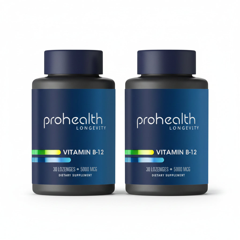 Two bottles of Prohealth Longevity Vitamin B-12 - 5000 mcg, 30 lozenges