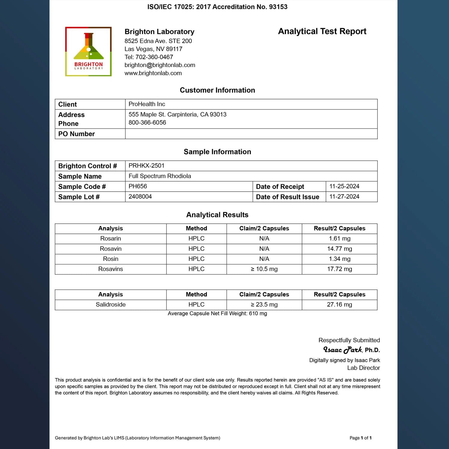 ProHealth Longevity Full Spectrum Rhodiola - 60 capsules Analytical Test Report