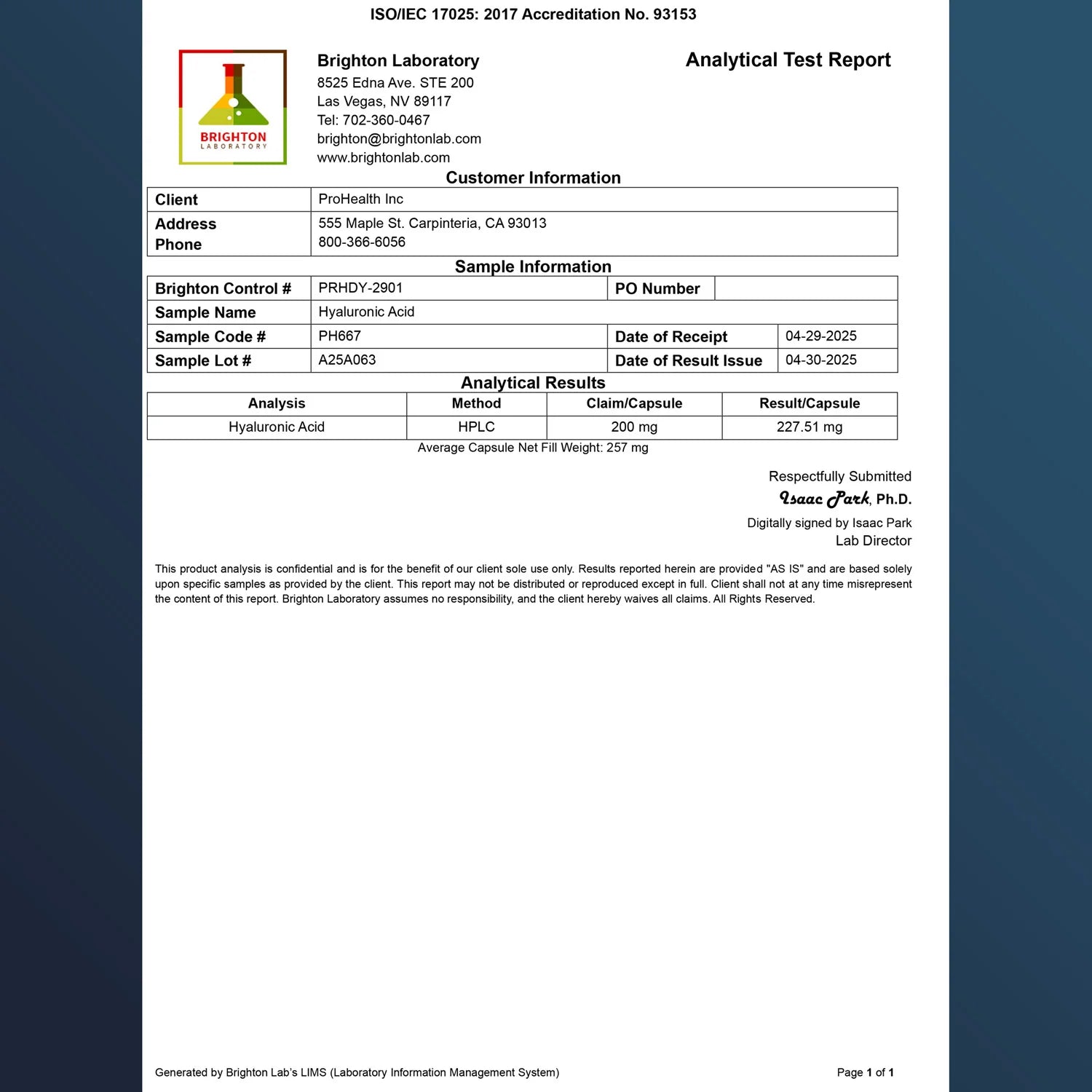 Prohealth Longevity Hyaluronic Acid Certificate of Analysis