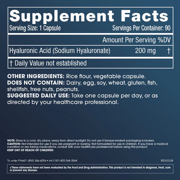 Prohealth Longevity Hyaluronic Acid Supplement Facts
