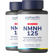 Front-facing two-bottle render of ProHealth Longevity Essentials NMNH 125 with Nexergy+™ NMNH for cellular vitality support.