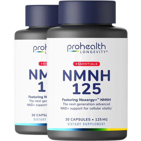Front-facing two-bottle render of ProHealth Longevity Essentials NMNH 125 with Nexergy+™ NMNH for cellular vitality support.