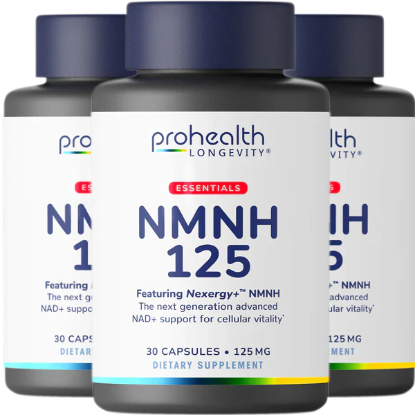 Three-bottle display of ProHealth Longevity Essentials NMNH 125 featuring Nexergy+™ NMNH dietary supplement, 30 capsules and 125 mg strength.