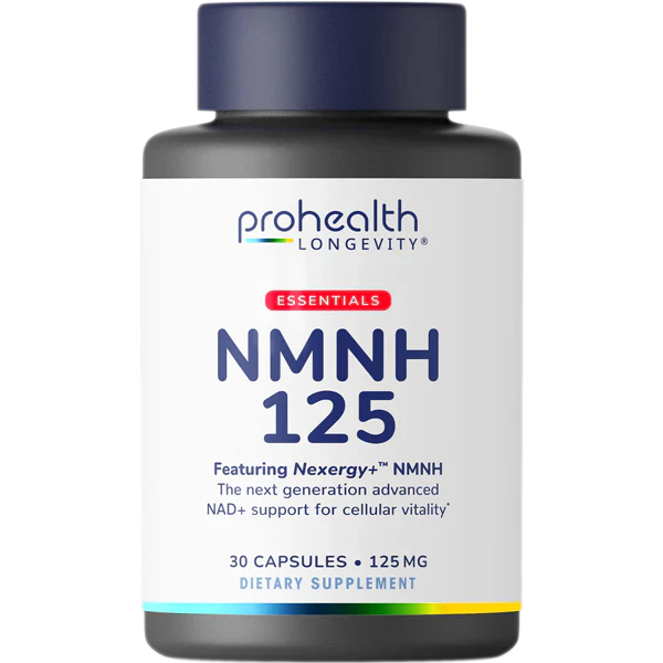 Single bottle product render of ProHealth Longevity Essentials NMNH 125 dietary supplement featuring Nexergy+™ NMNH.
