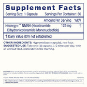Supplement Facts panel for ProHealth Longevity Essentials NMNH 125 showing 125 mg Nexergy+™ NMNH per capsule and suggested use details.