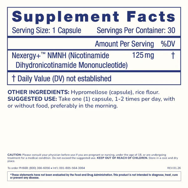 Supplement Facts panel for ProHealth Longevity Essentials NMNH 125 showing 125 mg Nexergy+™ NMNH per capsule and suggested use details.