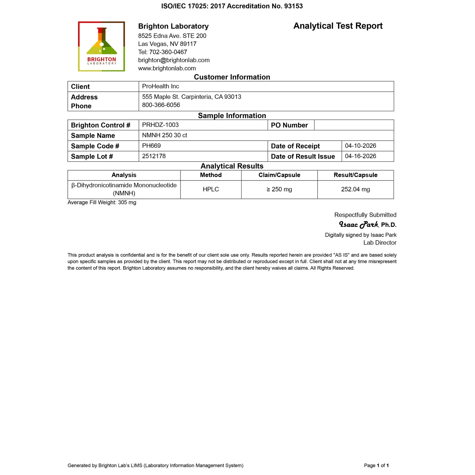 Brighton Laboratory analytical test report verifying ProHealth NMNH 250 capsules with tested Nexergy+™ NMNH content and quality analysis.