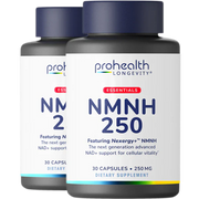 Front-facing two-bottle render of ProHealth Longevity Essentials NMNH 250 with Nexergy+™ NMNH for cellular vitality support.