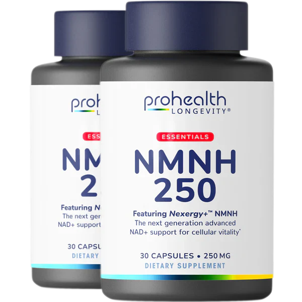 Front-facing two-bottle render of ProHealth Longevity Essentials NMNH 250 with Nexergy+™ NMNH for cellular vitality support.
