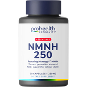 Single bottle product render of ProHealth Longevity Essentials NMNH 250 dietary supplement featuring Nexergy+™ NMNH.