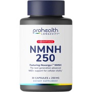 Single bottle product render of ProHealth Longevity Essentials NMNH 250 dietary supplement featuring Nexergy+™ NMNH.