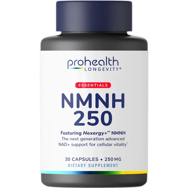 Single bottle product render of ProHealth Longevity Essentials NMNH 250 dietary supplement featuring Nexergy+™ NMNH.