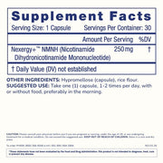 Supplement Facts panel for ProHealth Longevity Essentials NMNH 250 showing 250 mg Nexergy+™ NMNH per capsule and suggested use details.